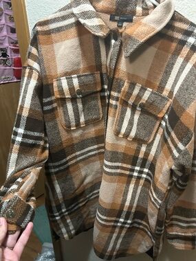 Frye Plaid Teddy Jacket in Brown and Tan